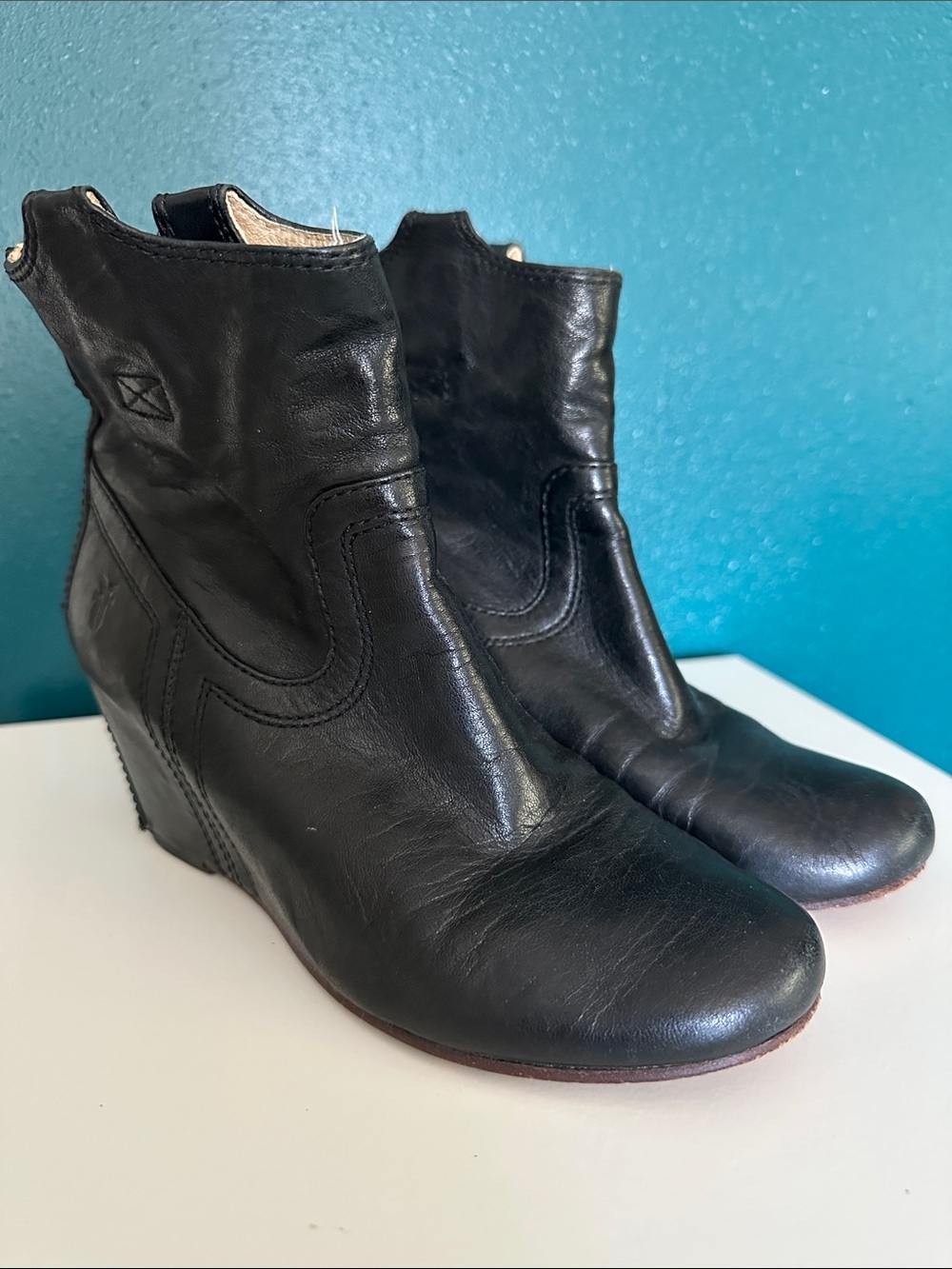 Frye Black Leather Wedge Ankle Booties